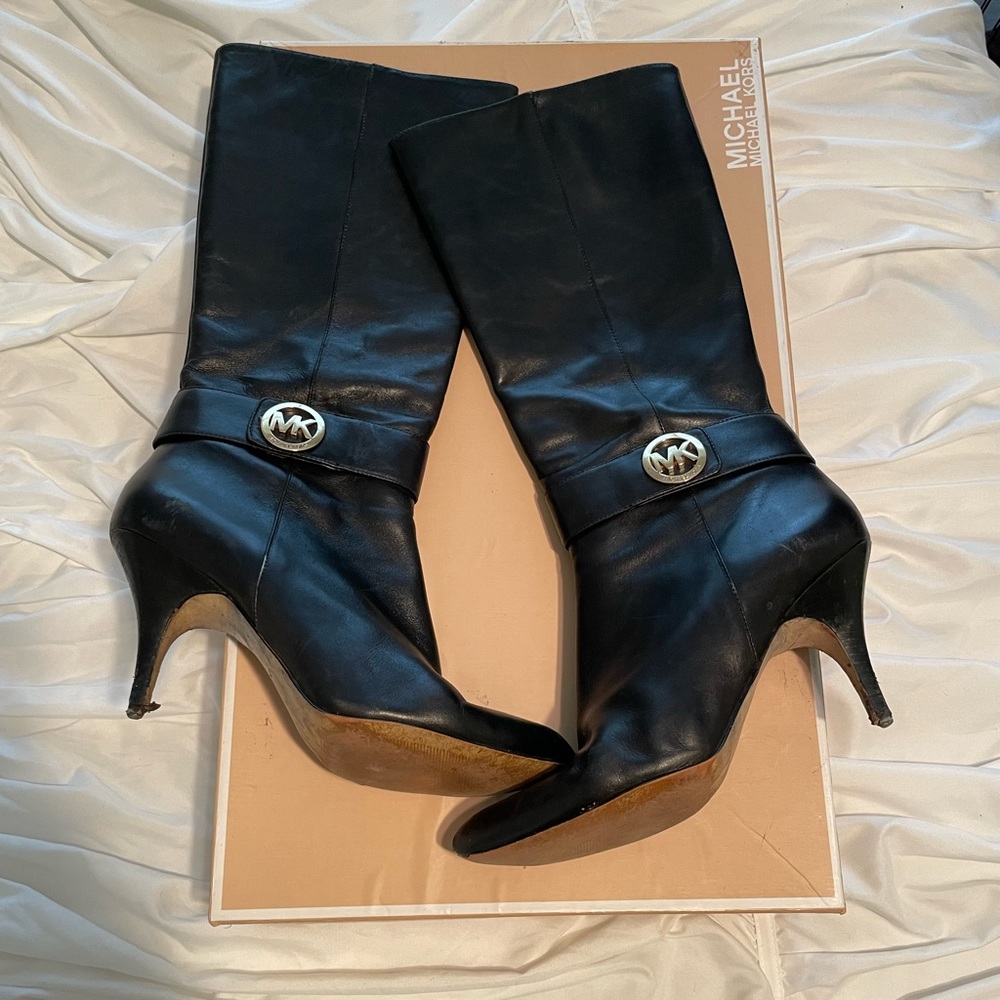 Michael Kors Heeled Black Leather Boots Size 10